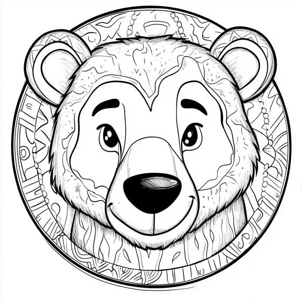 A cute cartoon bear's face surrounded by a decorative circular pattern, designed for children to color.