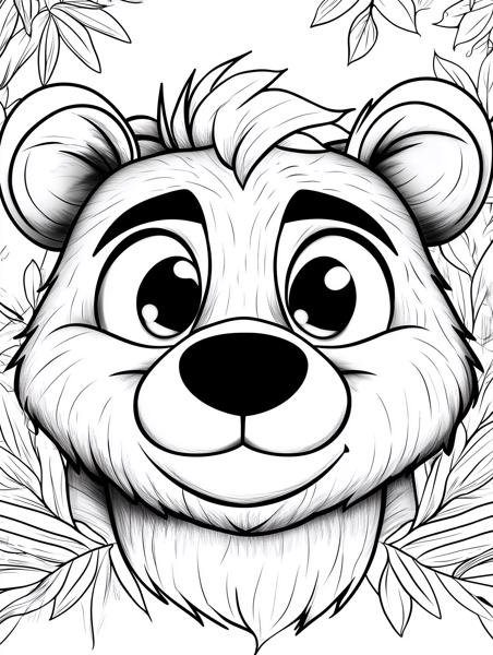 A cute cartoon bear's face surrounded by leafy branches, perfect for children to color.