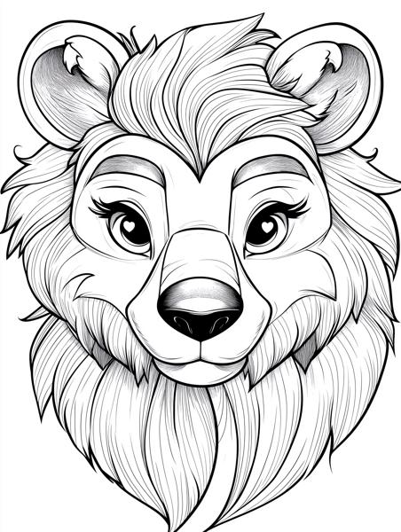 A beautifully detailed cartoon bear's face with expressive eyes and flowing fur, designed for children to color.