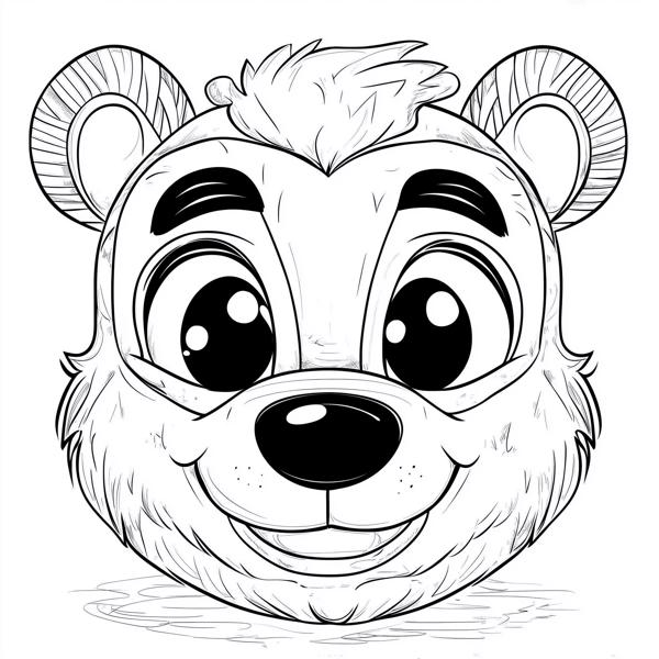 A cheerful cartoon bear's face with big eyes and a wide smile, perfect for children to color.