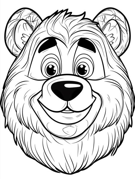 A detailed cartoon bear's face with a warm smile, ideal for children to color.