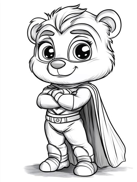A cute superhero bear standing with arms crossed, smiling confidently, and wearing a cape and superhero costume.