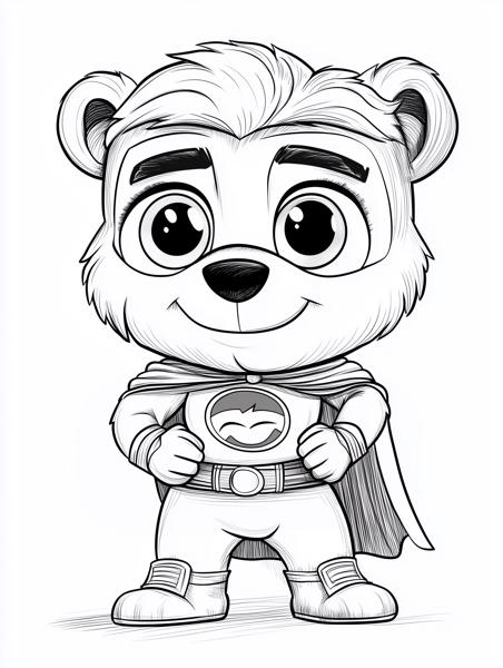 A cute superhero bear standing confidently with a smile, wearing a cape and superhero costume.