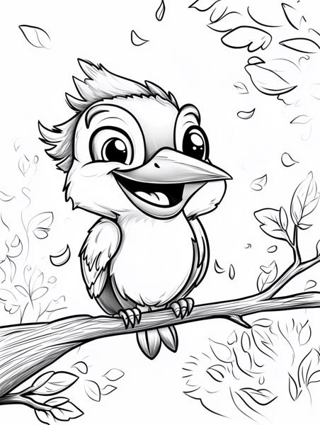A cheerful bird sitting on a branch surrounded by leaves.