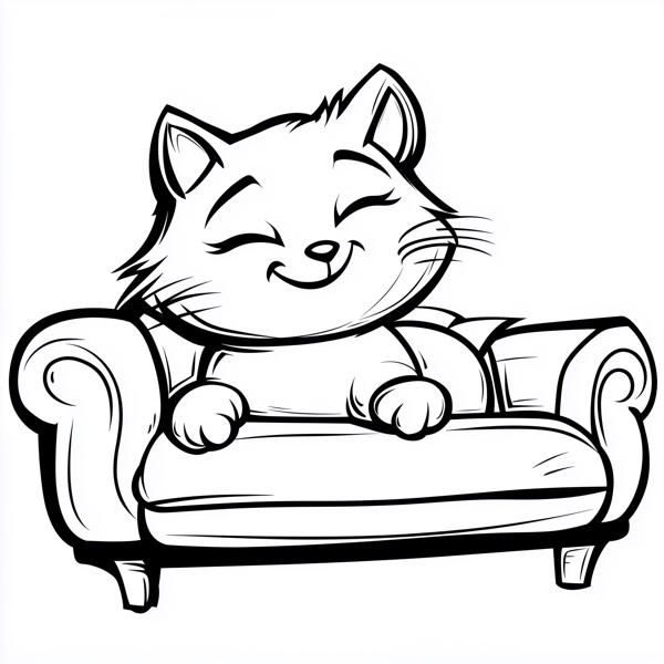 An adorable cartoon cat relaxing on a couch, smiling with closed eyes, ready to be colored.