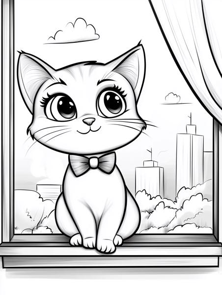 An adorable cartoon cat with big eyes and a bow tie, sitting on a windowsill, looking out at a city skyline with fluffy clouds in the background.