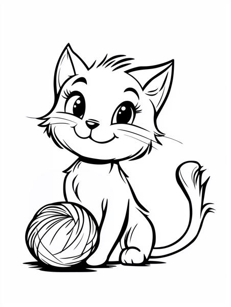 A cute cartoon cat sitting happily with a ball of yarn, perfect for coloring.