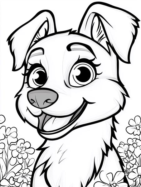 A cheerful cartoon puppy surrounded by flowers.