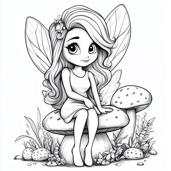 A charming fairy with large wings, sitting on a mushroom surrounded by plants and smaller mushrooms.