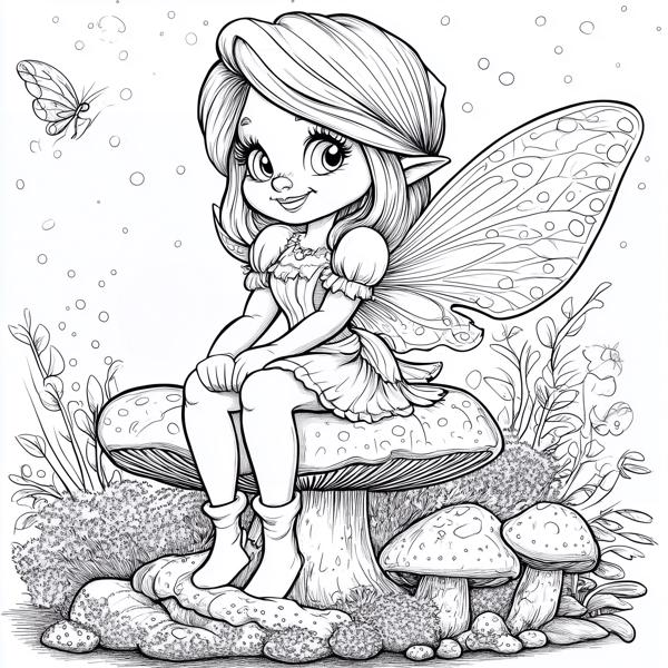A delightful fairy with detailed wings, sitting on a mushroom and smiling, with a butterfly flying nearby.
