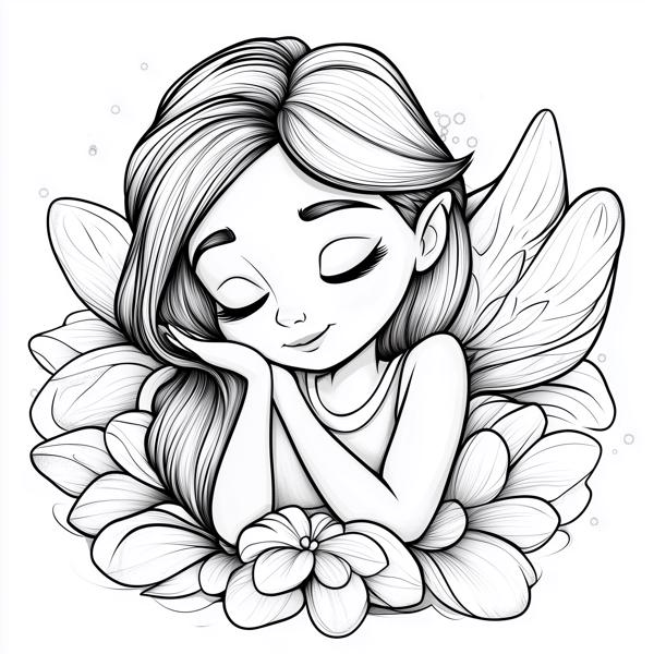 A beautifully drawn fairy with closed eyes, resting peacefully among large flower petals.