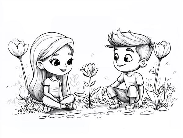 Flower love. Boy and girl sitting in a garden surrounded by large flowers.