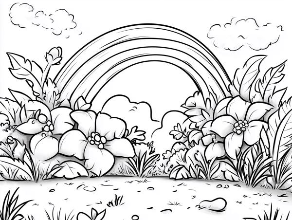A cheerful garden scene featuring a vibrant rainbow arching over large flowers and greenery, ideal for coloring.