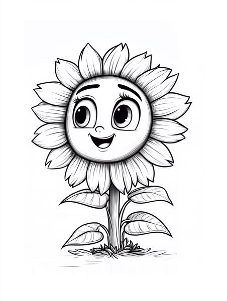 'A cheerful cartoon sunflower with a smiling face and big eyes, standing with leaves and a stem.'