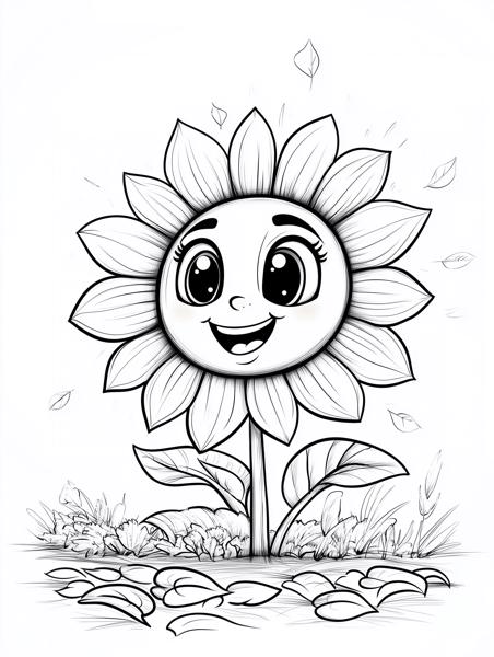 A cheerful cartoon sunflower with a smiling face and big eyes, standing tall with leaves and a stem, surrounded by falling leaves.