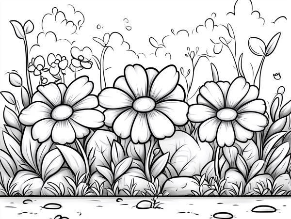 A beautiful garden scene featuring large flowers, leaves, and gentle clouds, perfect for coloring.