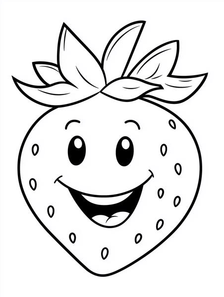 A cheerful cartoon strawberry with a big smile and expressive eyes, featuring green leaves on top.