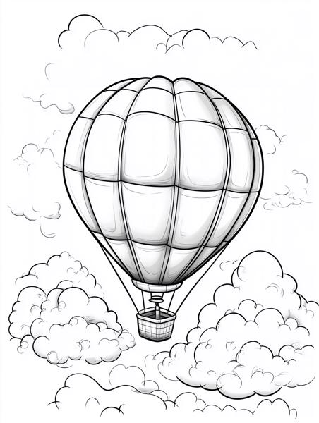 A delightful hot air balloon floating among fluffy clouds, ideal for coloring activities.