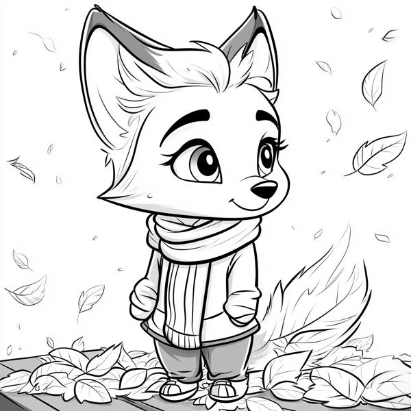 A charming cartoon fox wearing a cozy scarf and sweater, standing among falling leaves, with a cheerful expression.