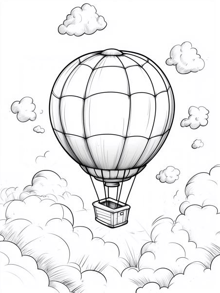 A charming hot air balloon drifting through soft, sketchy clouds, perfect for a coloring adventure.