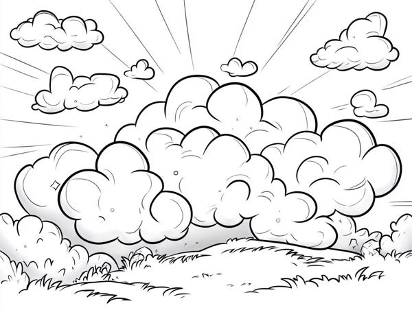 A whimsical scene of fluffy clouds in a sunny sky, perfect for coloring.