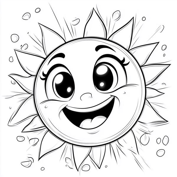 A cheerful cartoon sun with a big smile and expressive eyes, surrounded by rays and bubbles, ready to be colored.