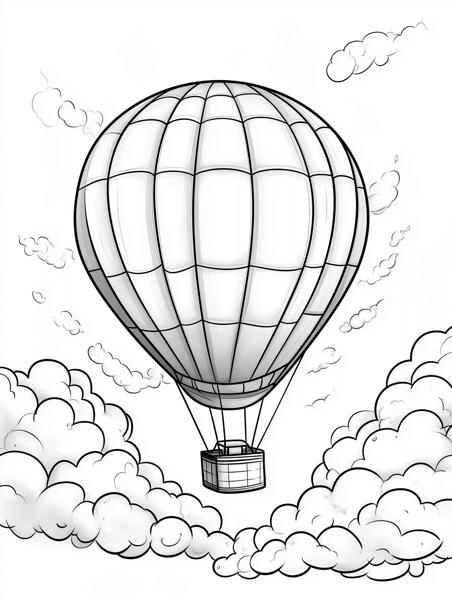 A whimsical hot air balloon soaring through fluffy clouds, perfect for coloring fun.