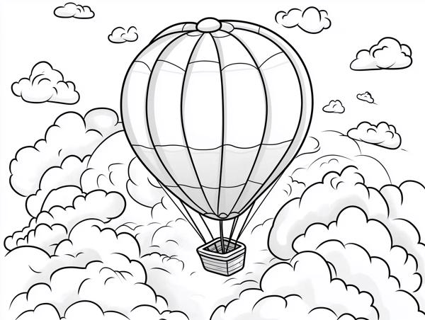 A cartoon hot air balloon floating among fluffy clouds, perfect for coloring.