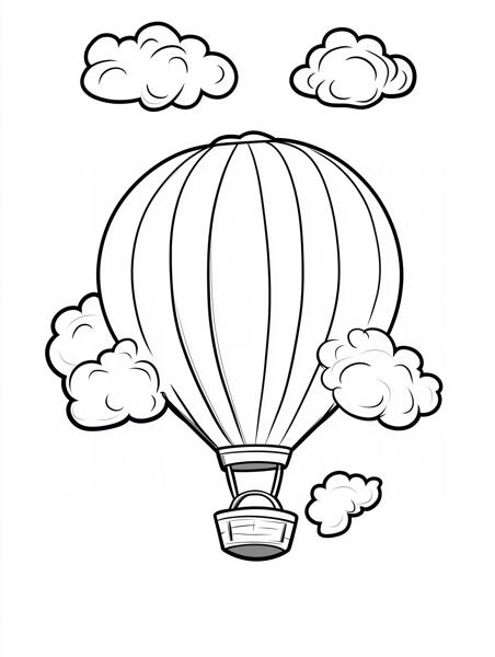 A cheerful hot air balloon surrounded by fluffy clouds, perfect for children's coloring activities.