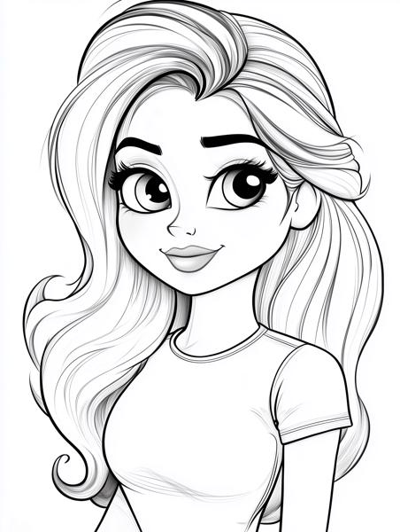 A beautiful cartoon girl with long flowing hair and big expressive eyes, smiling softly, perfect for coloring activities.