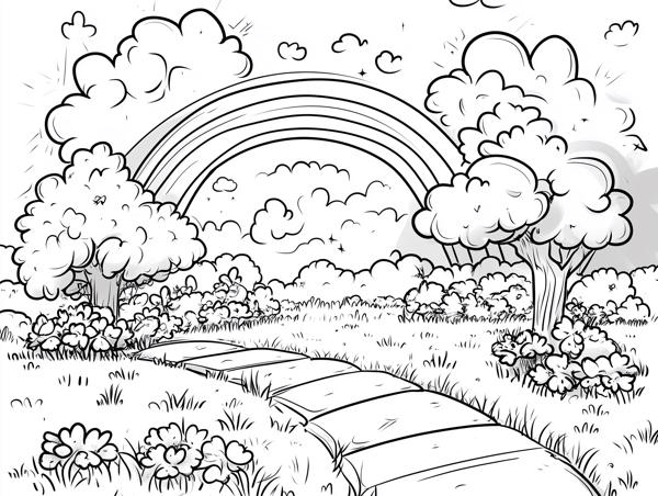 A delightful garden scene with a rainbow arching over a winding path, surrounded by fluffy clouds and blooming flowers, perfect for coloring.