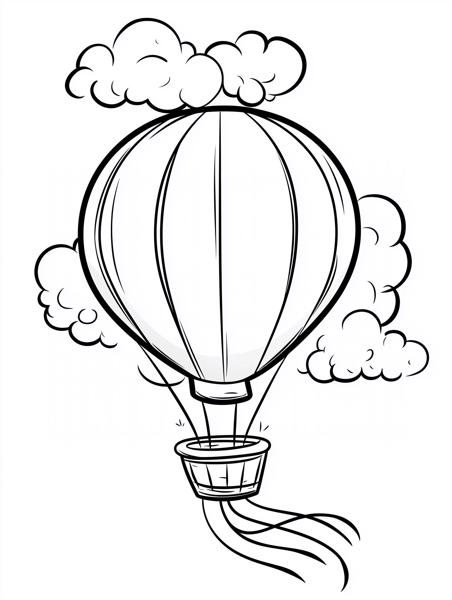 A playful hot air balloon with ribbons, floating among clouds, ideal for a fun coloring activity.