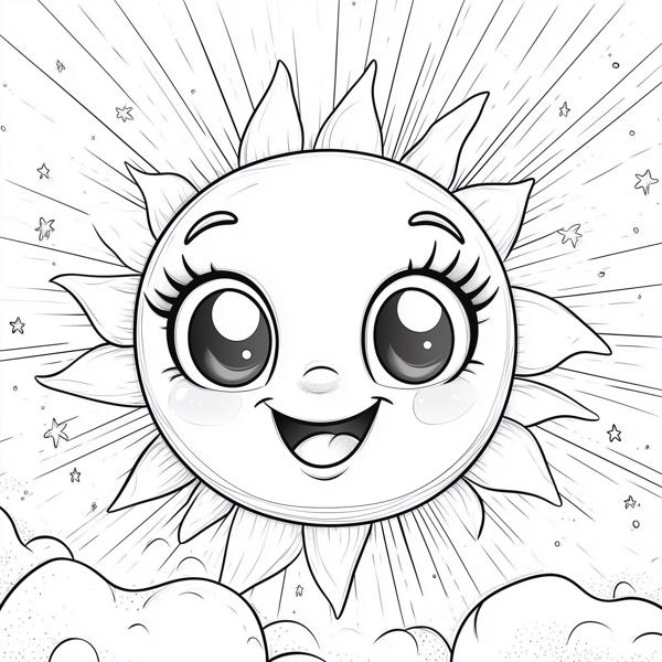 A cute and smiling cartoon sun with big eyes, surrounded by rays, stars, and clouds.