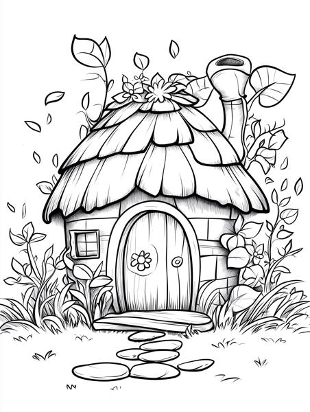 A charming cottage with a thatched roof and flower decorations, surrounded by lush greenery, perfect for coloring.