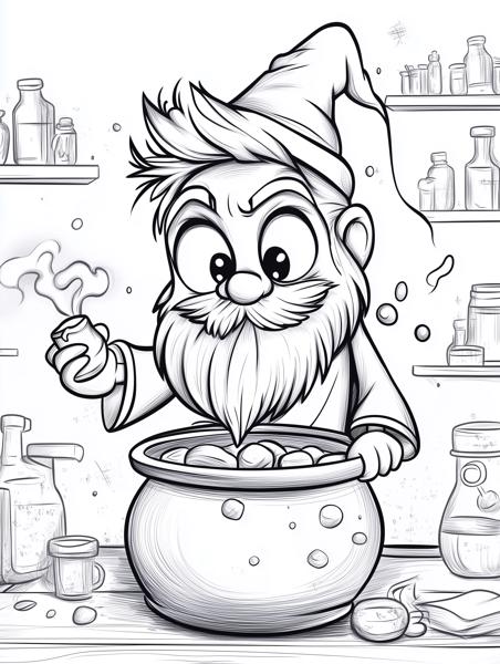 A whimsical cartoon wizard with a beard and a pointed hat stirring a bubbling cauldron, surrounded by potion bottles and magical ingredients.