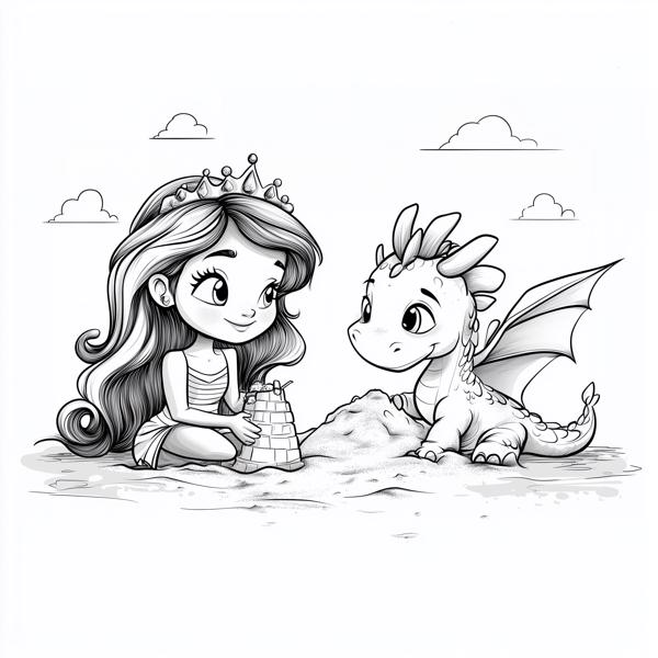 A princess and a friendly dragon building a sandcastle together, surrounded by clouds.