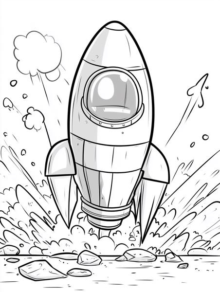 A cartoon rocket taking off, surrounded by clouds of smoke and debris, depicting an exciting launch into space.