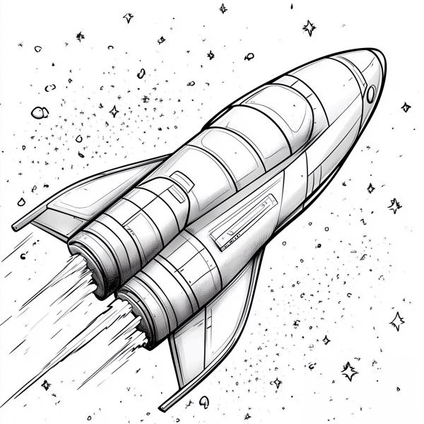Space Rocket Coloring Page: Detailed spacecraft soaring through a starry sky. Perfect for aspiring astronauts and space enthusiasts. This intricate design features a sleek rocket with realistic details, surrounded by twinkling stars. Ideal for science-loving kids and adults to explore their creativity while learning about space exploration.