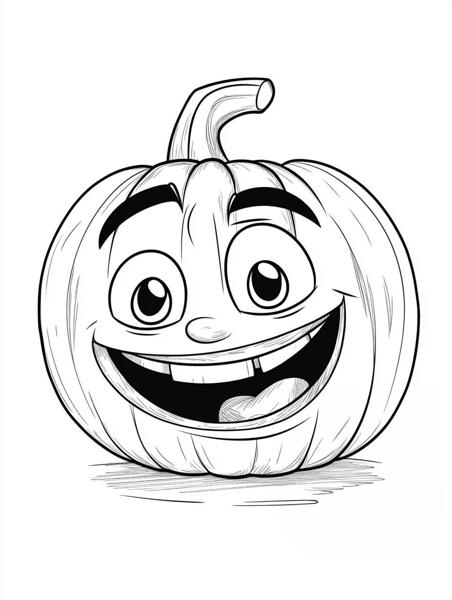 A cheerful cartoon pumpkin with a big smile and expressive eyes, perfect for Halloween-themed coloring activities.