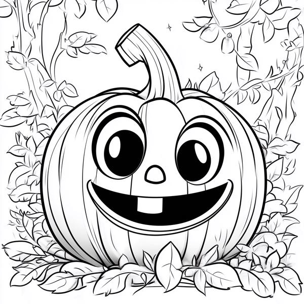Cheerful Halloween Pumpkin Coloring Page: Adorable Jack-o'-Lantern surrounded by autumn leaves. Perfect for kids and adults to celebrate the fall season with this cute and fun Halloween-themed coloring activity. Features a smiling pumpkin with big eyes and a toothy grin, set in a whimsical garden scene. Ideal for Halloween parties, classroom activities, or quiet autumn evenings at home.