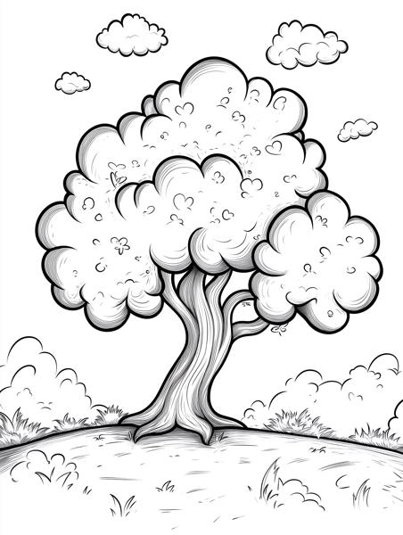 A cartoon tree with fluffy, cloud-like foliage and a sturdy trunk, accompanied by whimsical clouds in the sky, perfect for children's coloring pages.