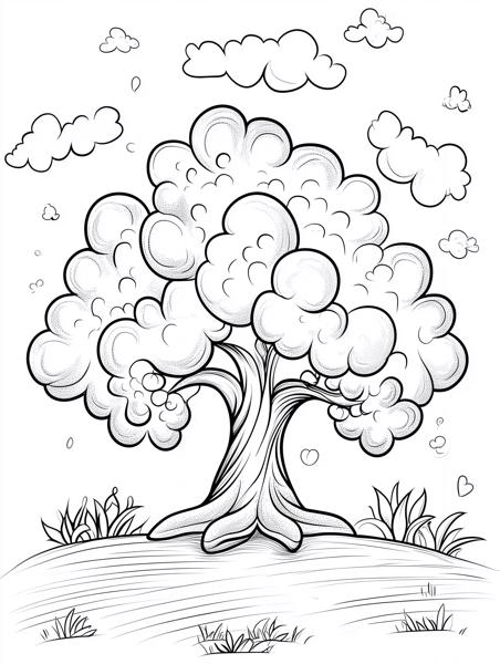 A whimsical cartoon tree with fluffy, cloud-like foliage and a sturdy, twisted trunk, set in a landscape with playful clouds in the sky, ideal for children's coloring pages.