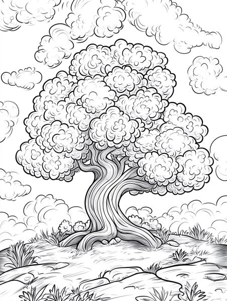 A detailed cartoon drawing of a majestic tree with a thick, twisted trunk and lush, fluffy foliage, surrounded by a natural landscape with clouds and plants.