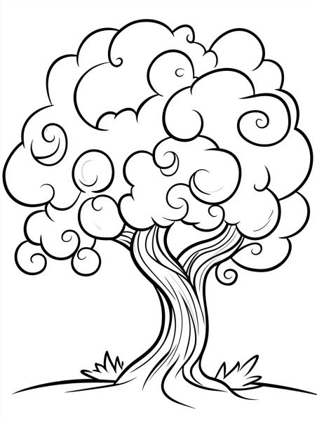 A playful and whimsical tree with a thick trunk and curly, swirling foliage.