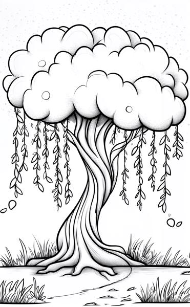 A whimsical cartoon willow tree with drooping branches and fluffy, cloud-like foliage, perfect for coloring.