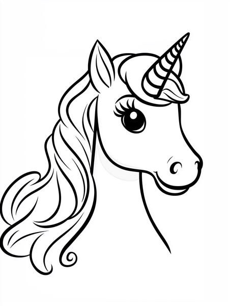 A delightful cartoon unicorn with a wavy mane and a spiral horn, ideal for coloring.