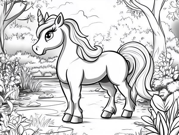 A graceful unicorn standing in a vibrant garden setting, surrounded by plants and a serene landscape, perfect for coloring.