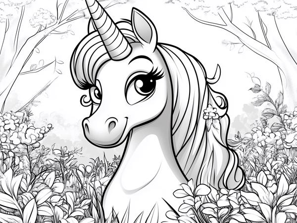 A beautiful unicorn with flowers in its mane, standing in a lush forest setting, perfect for coloring.