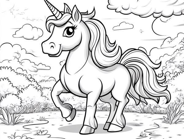 A joyful unicorn trotting through a lush meadow, surrounded by clouds and greenery, perfect for coloring.