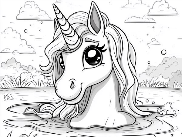 A cute unicorn peeking out of a pond with a dreamy expression, surrounded by clouds and nature, perfect for coloring.